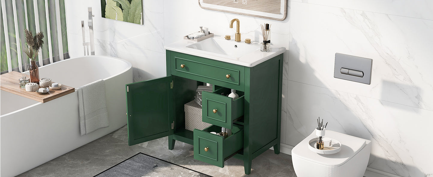 30" Bathroom Vanity with Sink Top, Bathroom Vanity Cabinet with Door and Two Drawers, Solid Wood Frame, One Package, Green