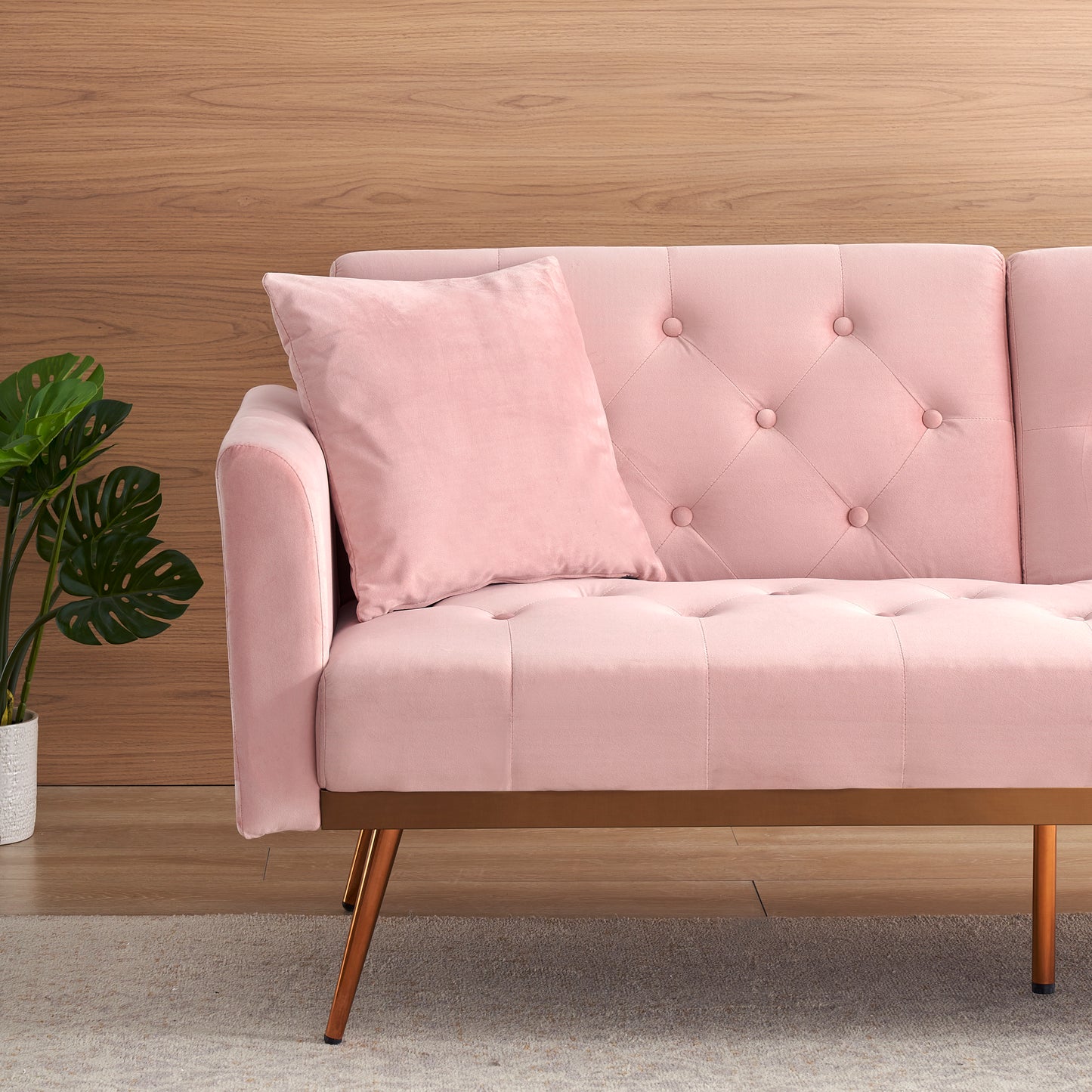 Elegant Pink Velvet Sofa Bed with Nail Head Accents and Throw Pillow