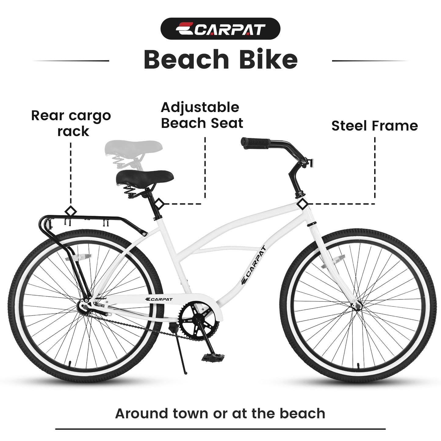 S26204 26 Inch Beach Cruiser Bike for Men and Women, Steel Frame, Single Speed Drivetrain, Upright Comfortable Rides, Multiple Colors