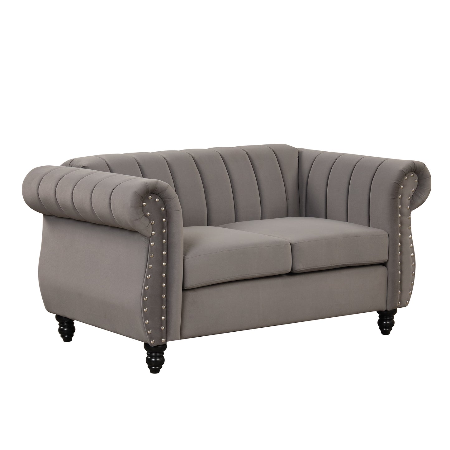 Contemporary Gray Upholstered Sofa with Buttoned Tufted Backrest and Solid Wood Legs