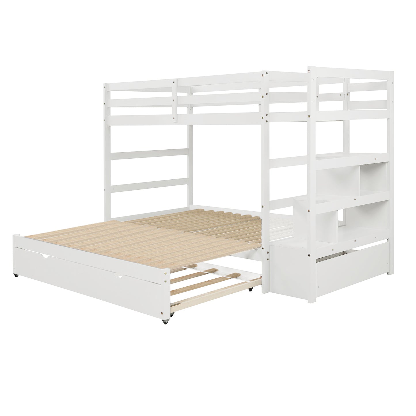 Convertible Storage Bunk Bed with Trundle, Stairs, and Versatile Design (White)