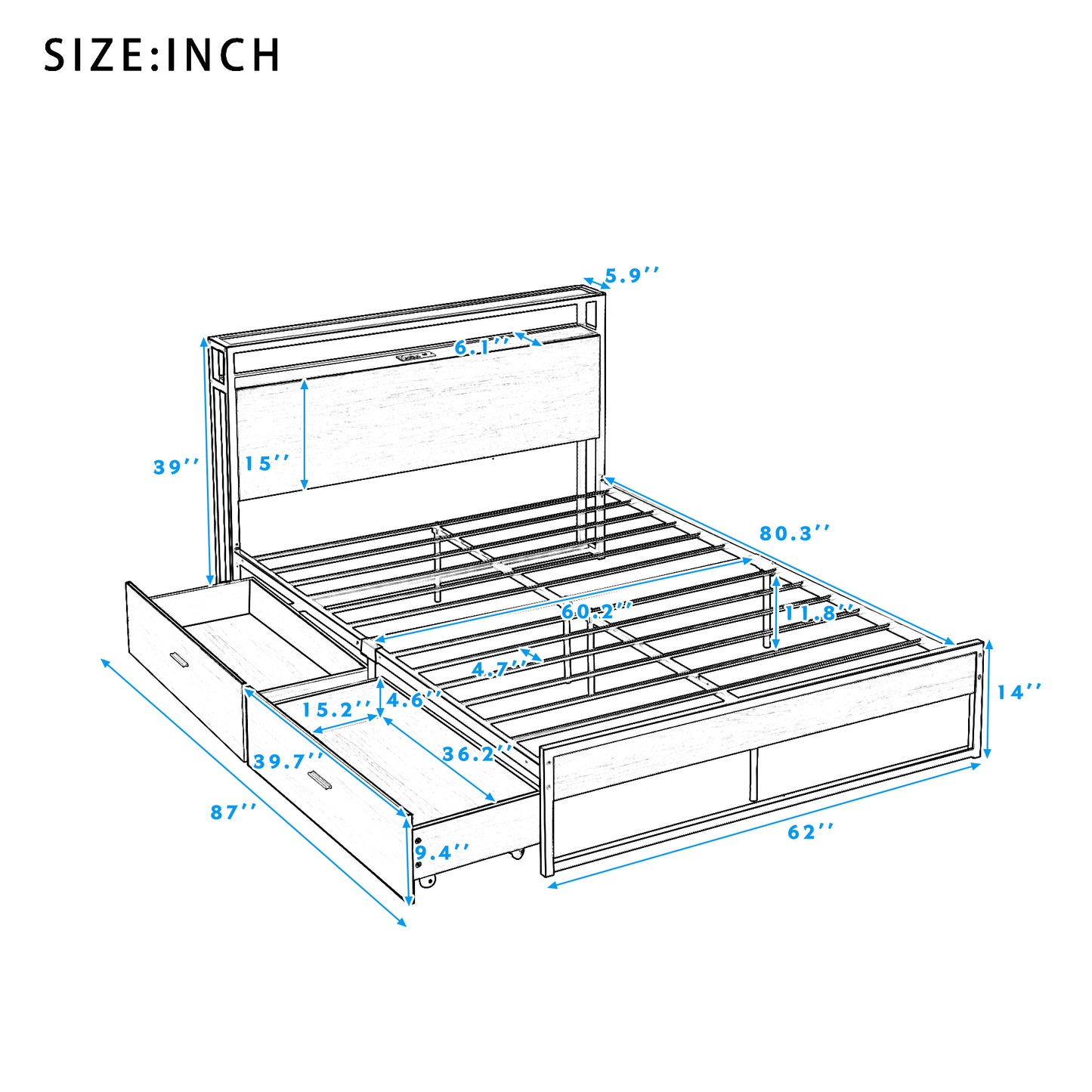 Queen Size Metal Platform Bed Frame with Two Drawers,Sockets and USB Ports ,Slat Support No Box Spring Needed  White