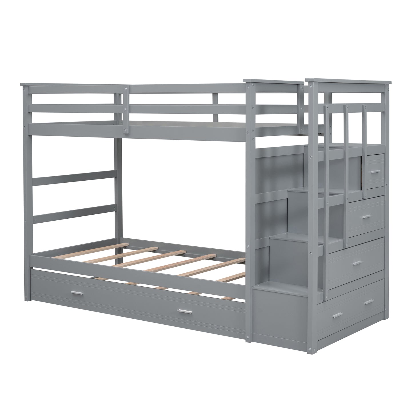 Gray Twin Bunk Bed with Trundle Staircase