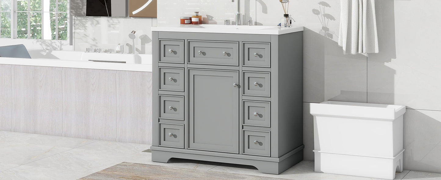 36" Bathroom Vanity with Sink Combo, One Cabinet and Six Drawers, Solid Wood and MDF Board, Grey