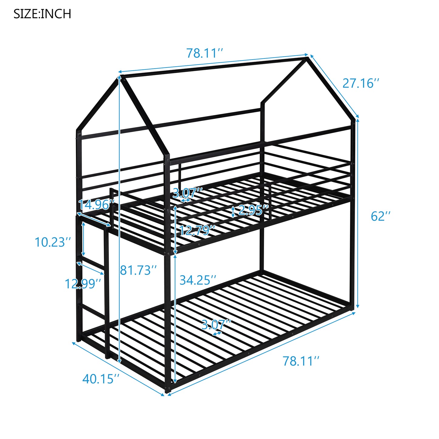 Kids' Twin House Bunk Bed with Ladder in Black