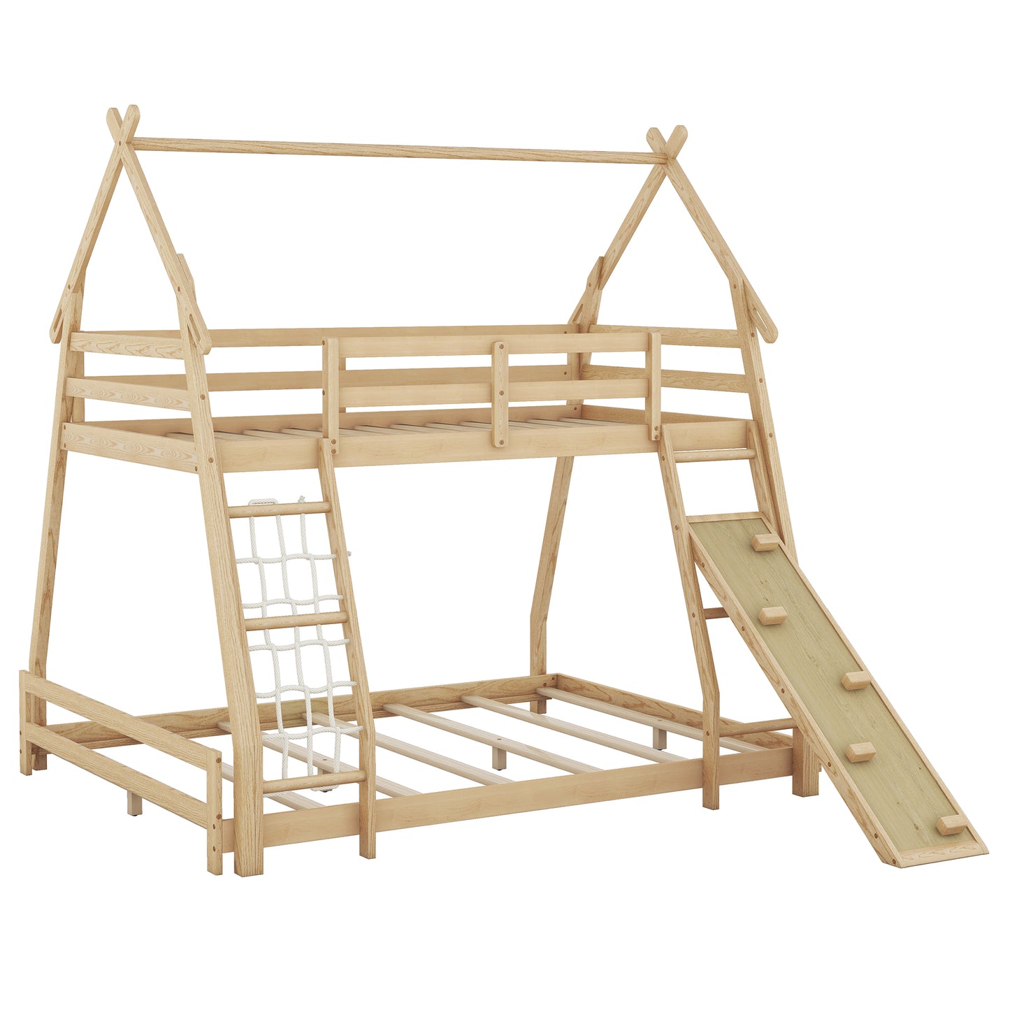 House Bunk Bed with Climbing Nets and Climbing Ramp for Twin and Queen Size, Natural