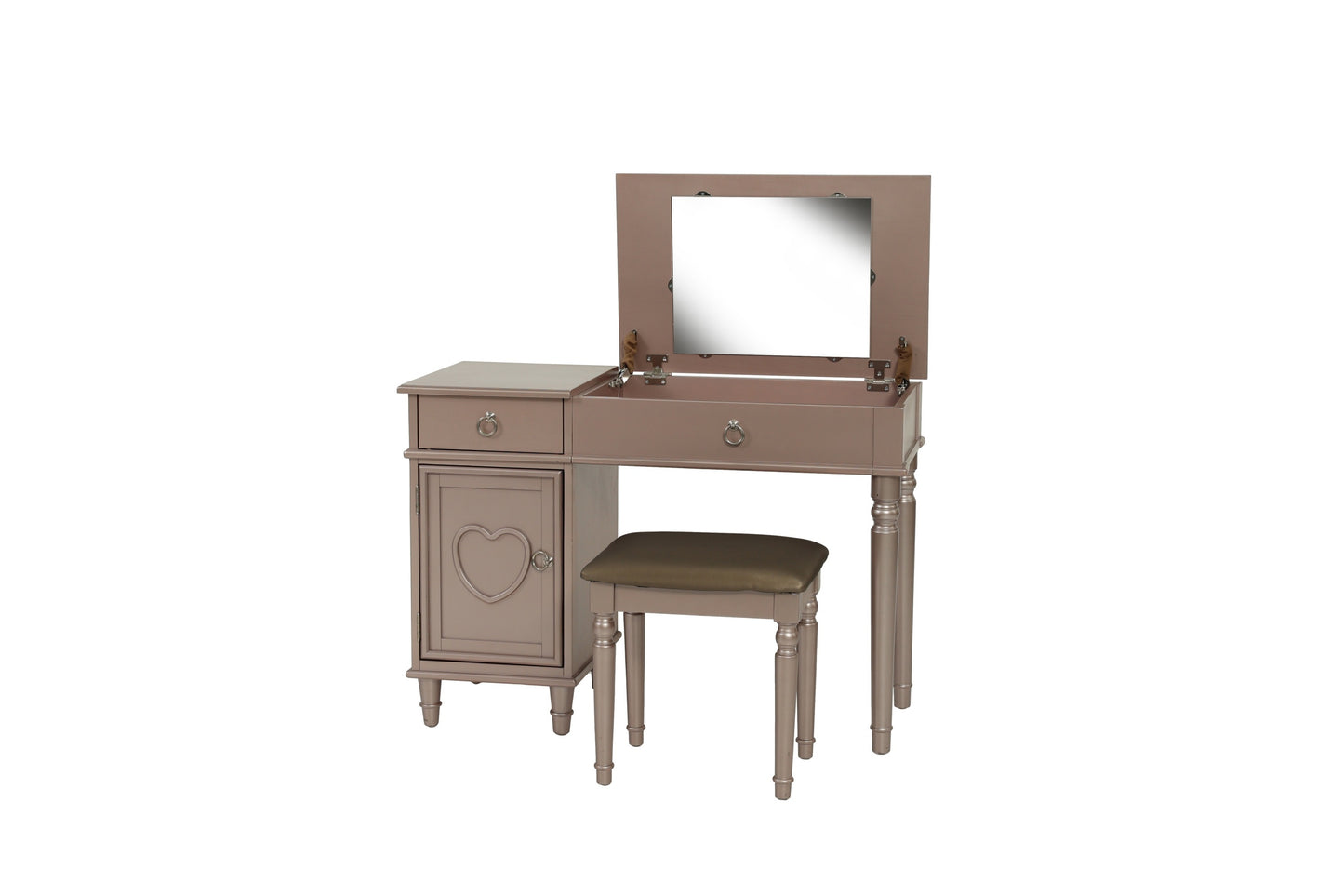 Bedroom Vanity Set w Stool Open Up Mirror Storage Space Drawers Rubber wood Ring Pull Handles Rose Gold Color Vanity