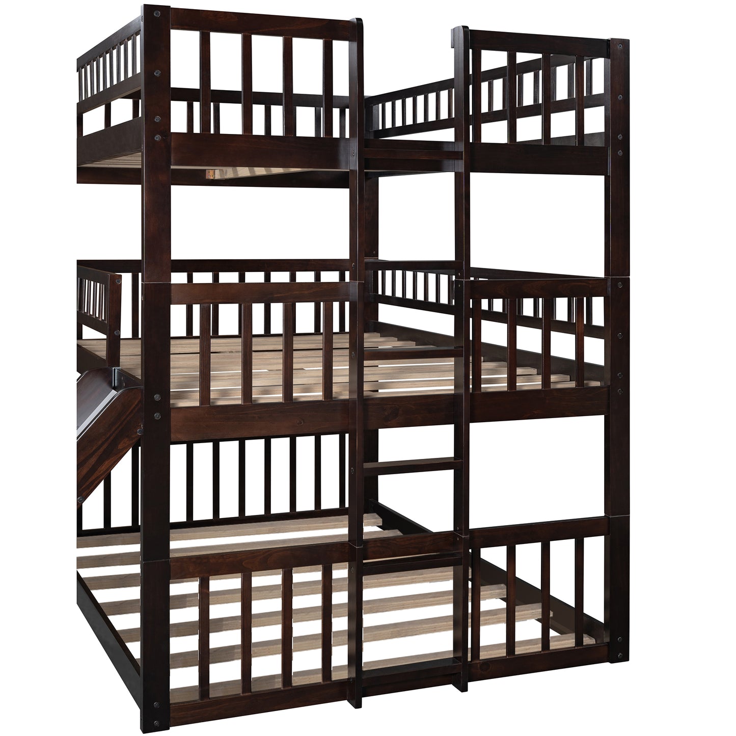 Espresso Full Triple Bunk Bed with Slide and Convertible Built-in Ladder