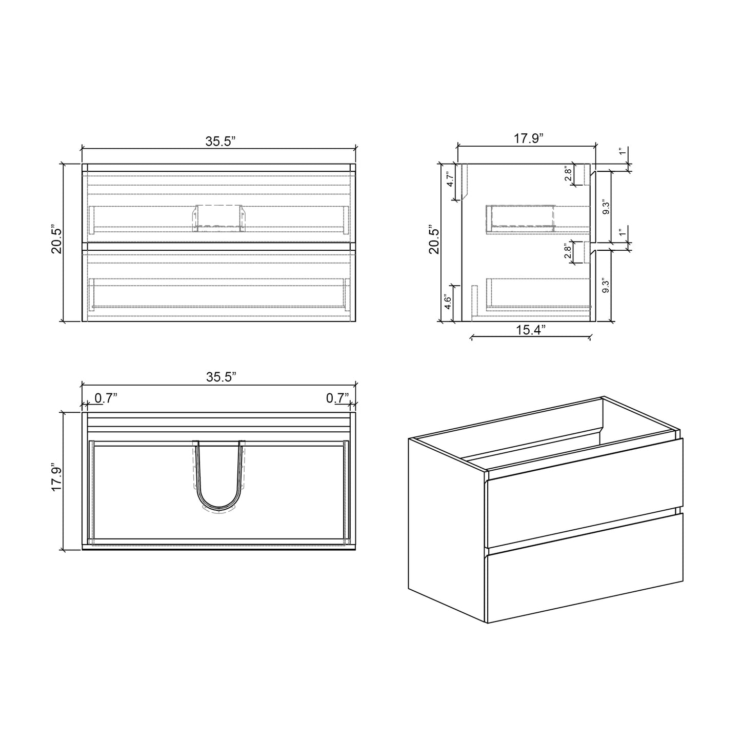 Alice-36W-102,Wall mount cabinet WITHOUT basin,Gray color,With two drawers