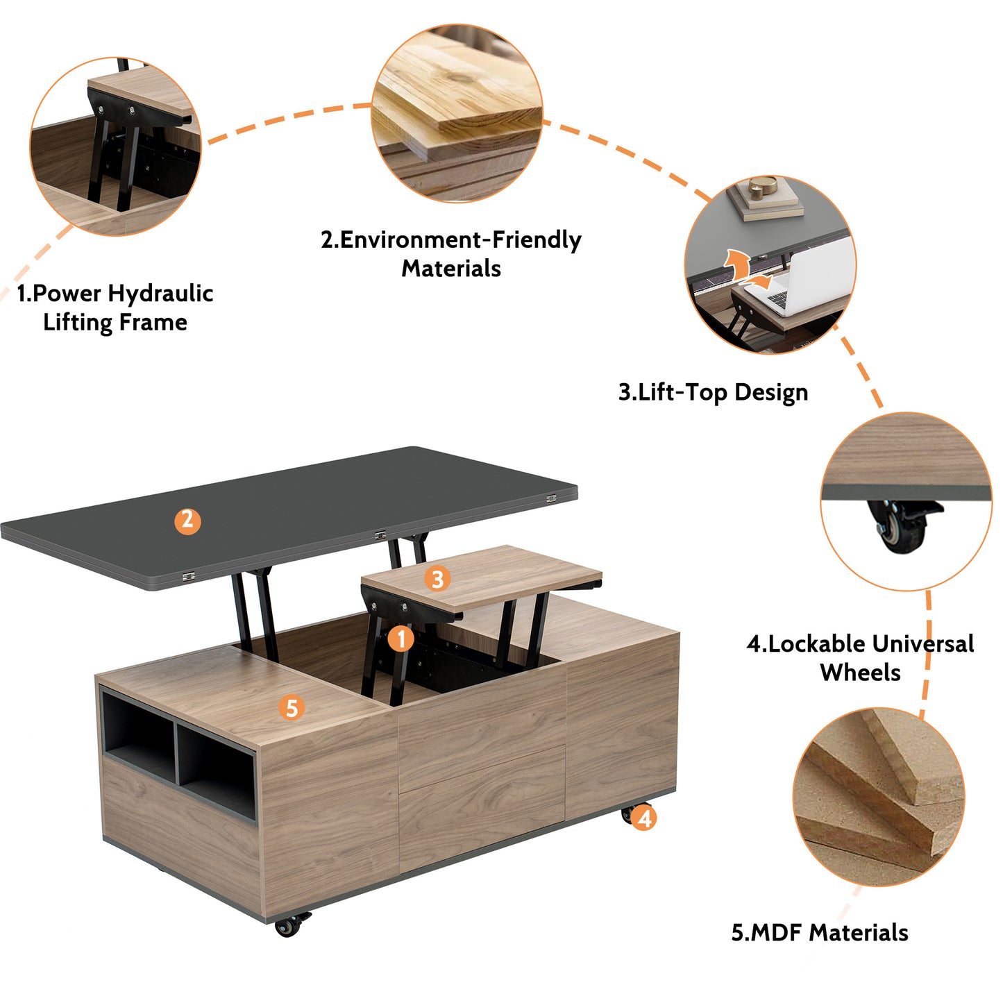 Walnut and Black Lift Top Coffee Table with Multi Functional Drawers