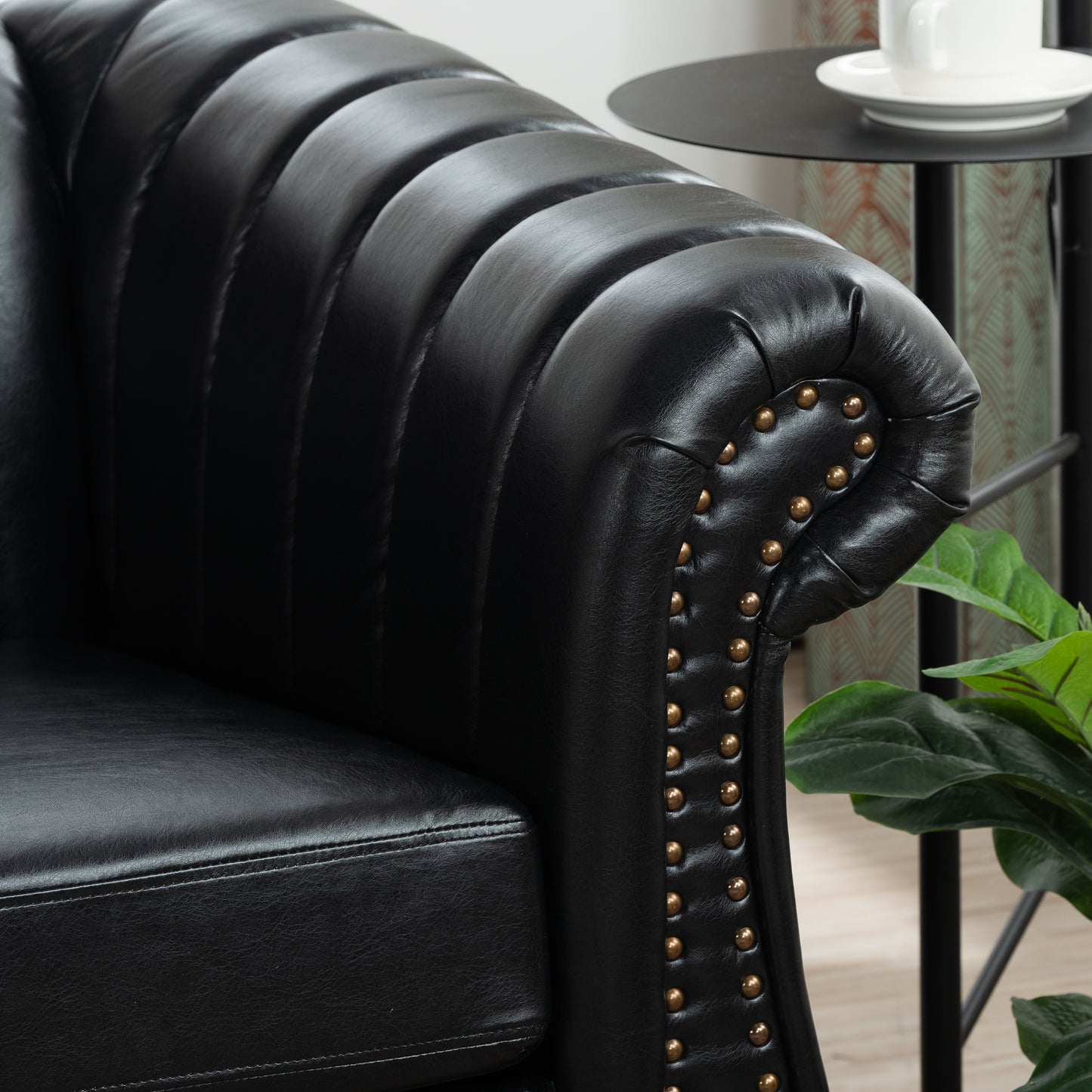 Elegant Black PU Rolled Arm Chesterfield Three-Seater Sofa, 83.46