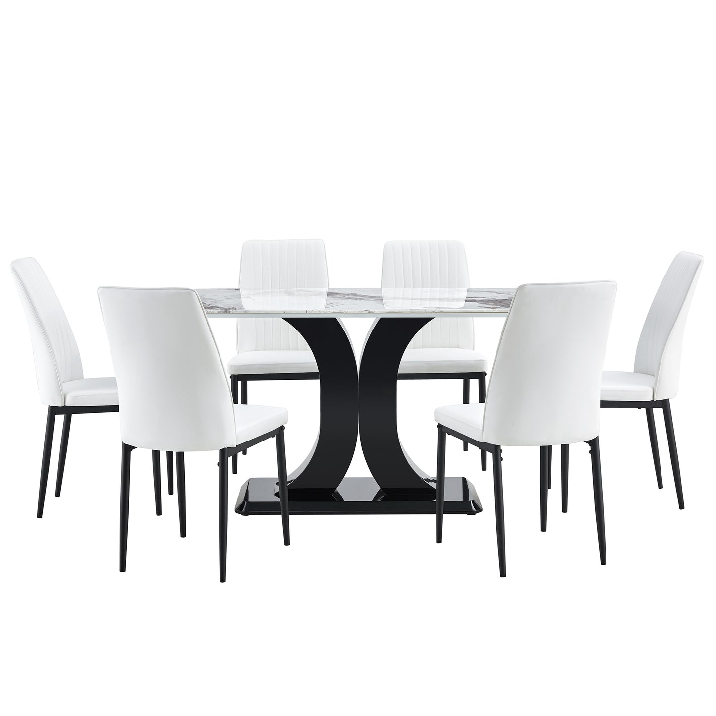 Faux Marble Dining Table Set with Convertible Base, Luxury Rectangular Kitchen Table for 6-8, Modern White Faux Marble Dining Room Table with MDF Base, Dining Table & 6 Chairs