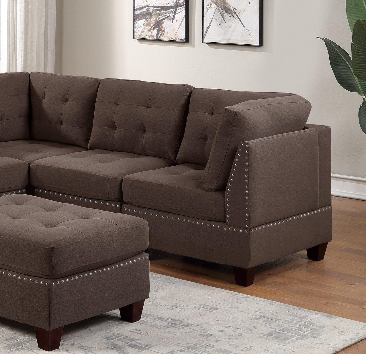 Luxurious Black Coffee Linen Modular Sectional 6-Piece Set with Tufted Nailhead Details