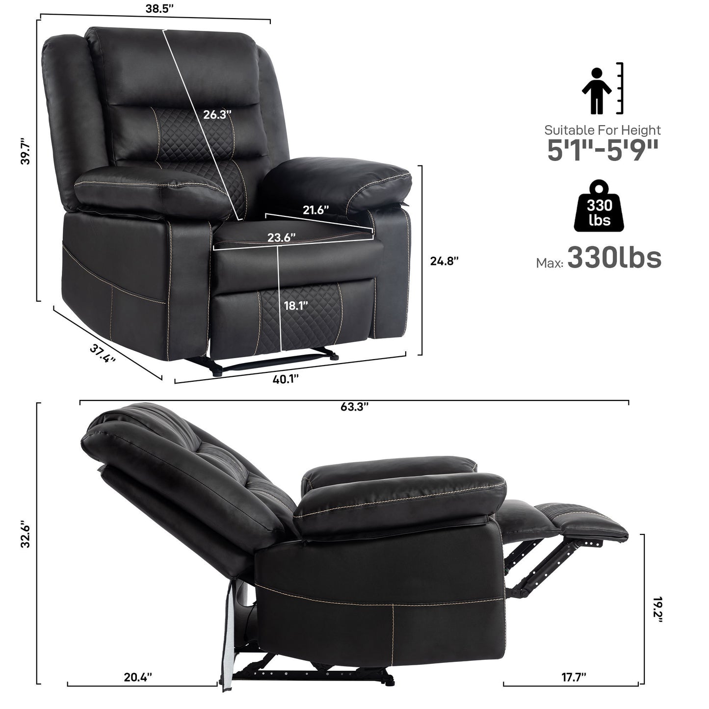 Breathable Leather Massage Recliner Chair with Extended Width and Full-Body Support and Multi-Reclining Mode