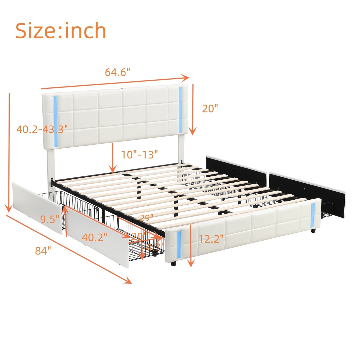 Queen Size Upholstered Platform Bed with LED Lights and USB Charging, Storage Bed with 4 Drawers, White