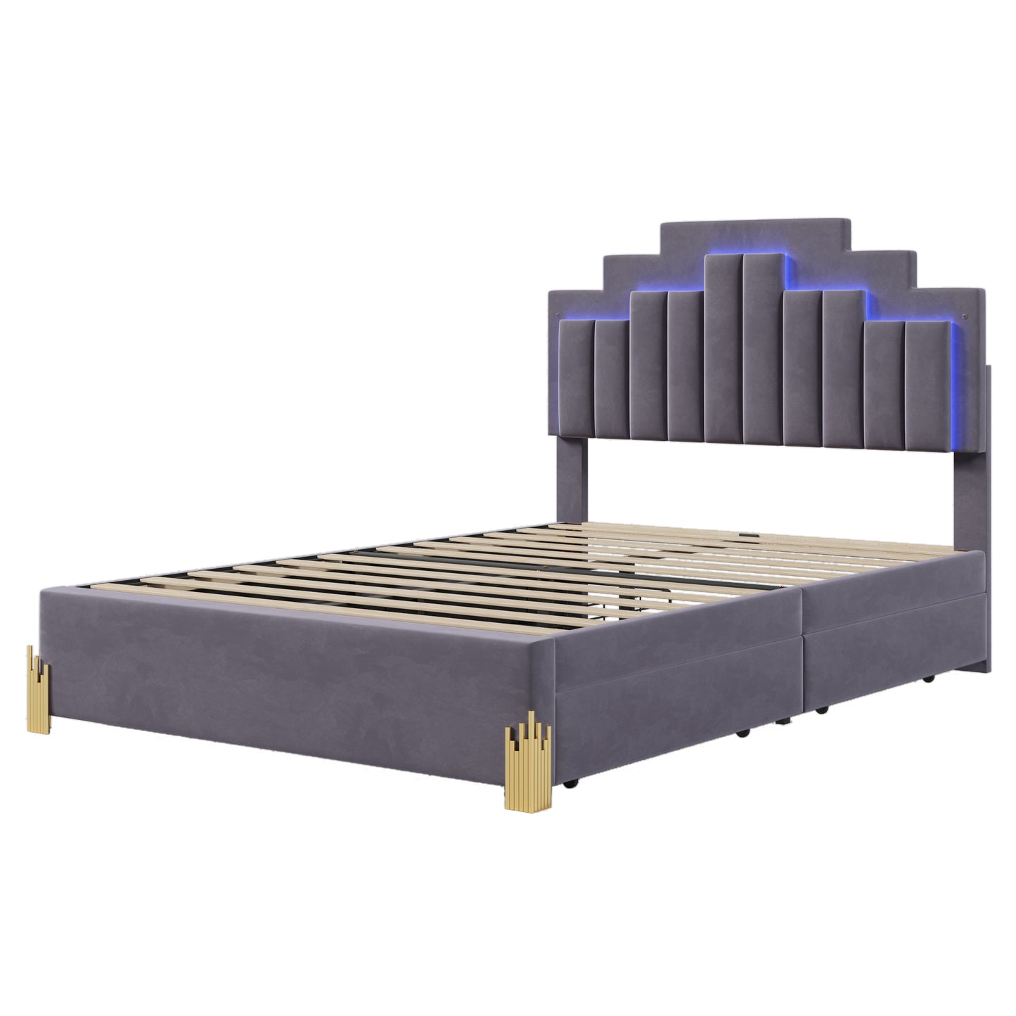 Full Size Upholstered Platform Bed with LED Lights and 4 Drawers, Stylish Irregular Metal Bed Legs Design, Gray