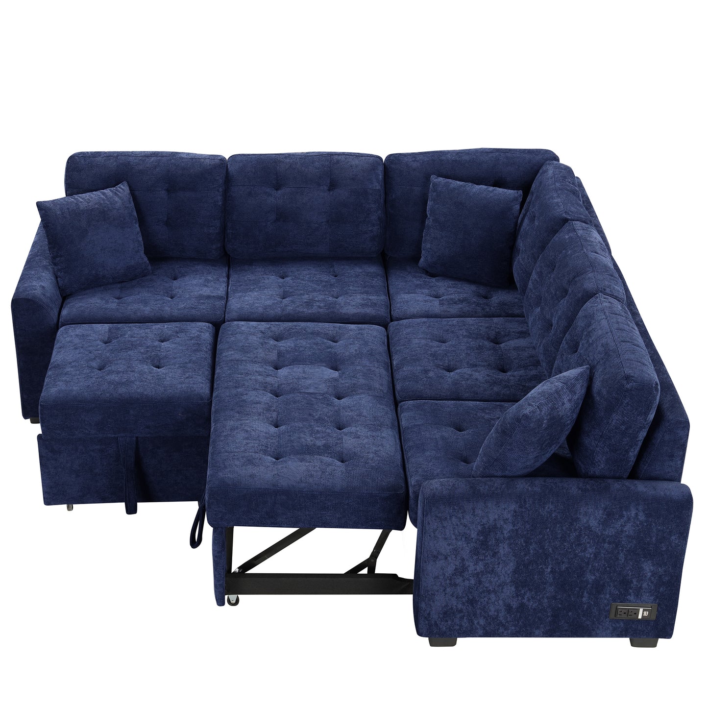 Convertible Navy Blue L-Shape Sleeper Sofa with USB Ports and Power Sockets