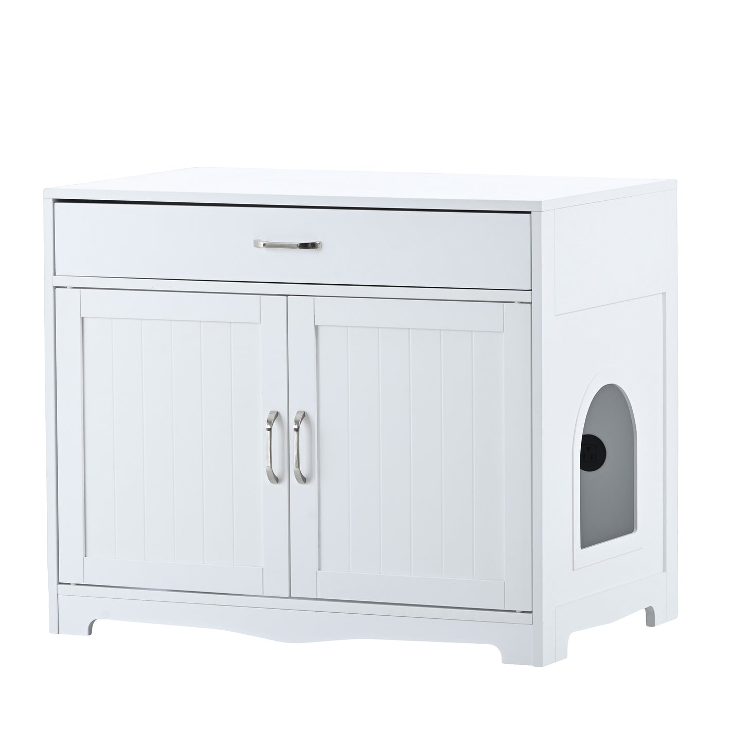 Litter Box Enclosure, Cat Litter Box Furniture with Hidden Plug, 2 Doors,Indoor Cat Washroom Storage Bench Side Table Cat House, Large Wooden Enclused Litter Box House, White