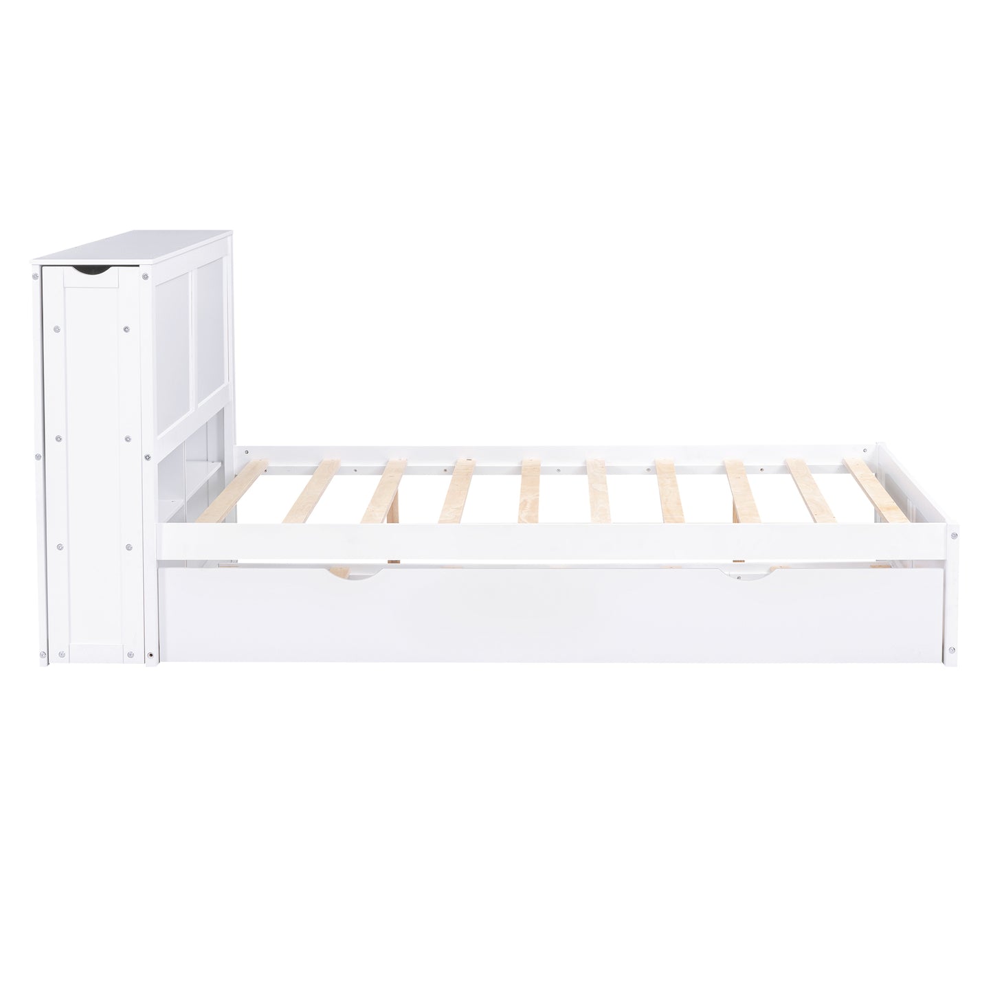 Full Size Storage Platform Bed with Pull Out Shelves and Twin Size Trundle, White