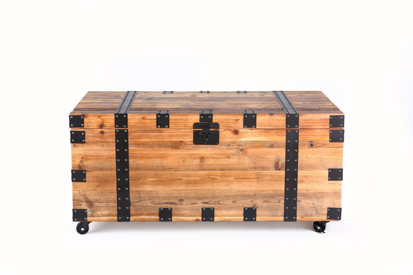 Industrial Charm Trunk Table with Mobility and Abundant Storage Capability, Natural Reclaimed Wood/Black Metal