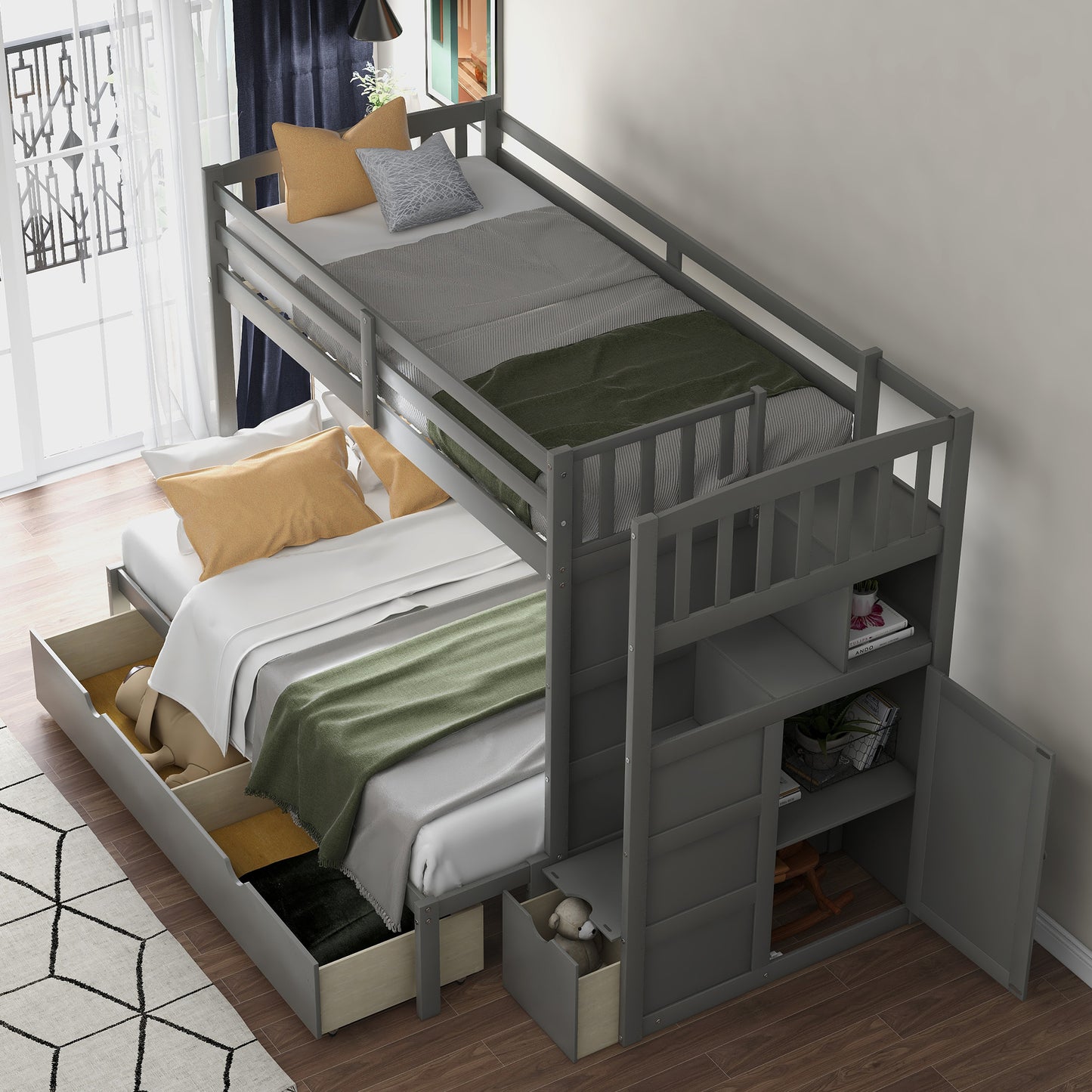 Storage Solution Gray Twin over Full Bunk Bed with Shelves and Drawers