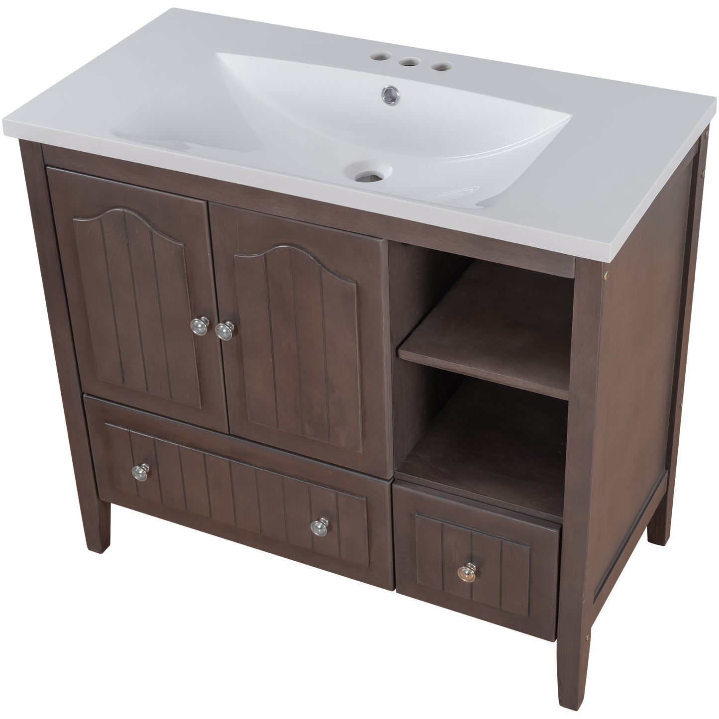 36" Bathroom Vanity with Ceramic Basin, Bathroom Storage Cabinet with Two Doors and Drawers, Solid Frame, Metal Handles, Brown