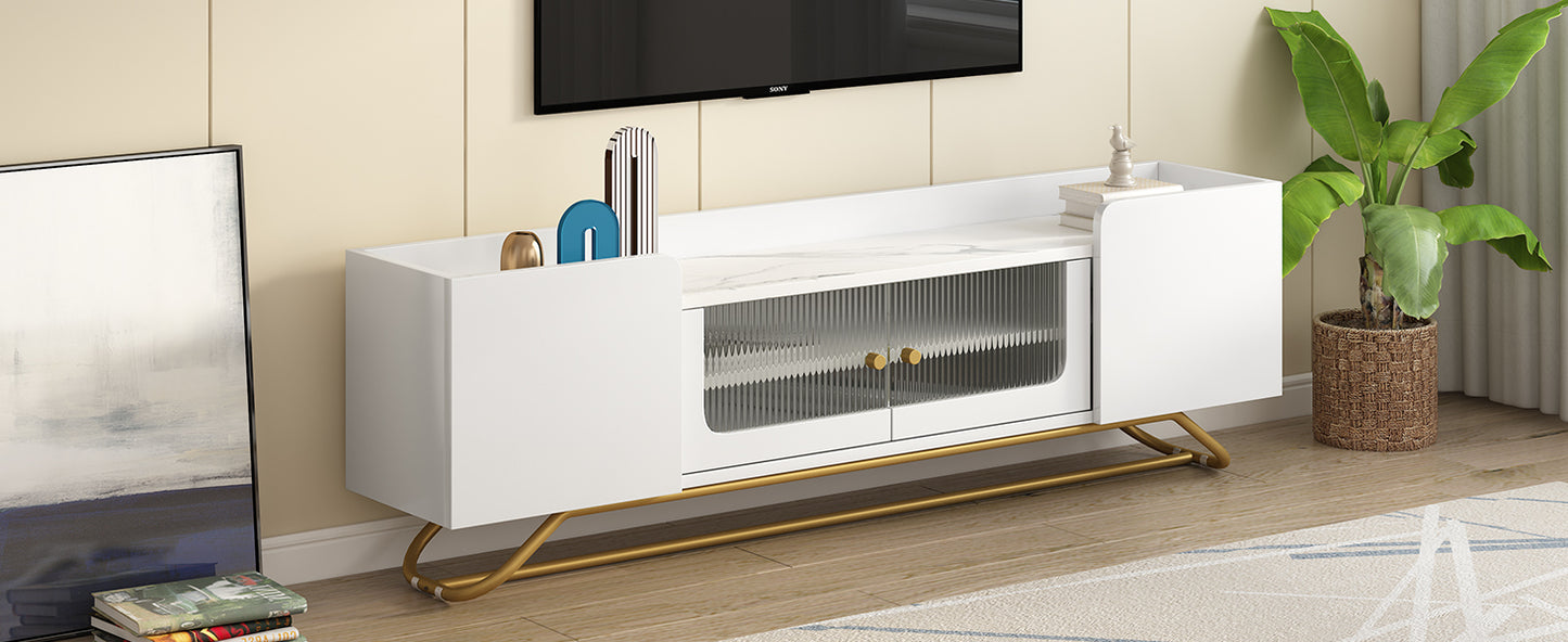 Contemporary White TV Stand with Fluted Glass Doors, Faux Marble Top, and Gold Metal Accents