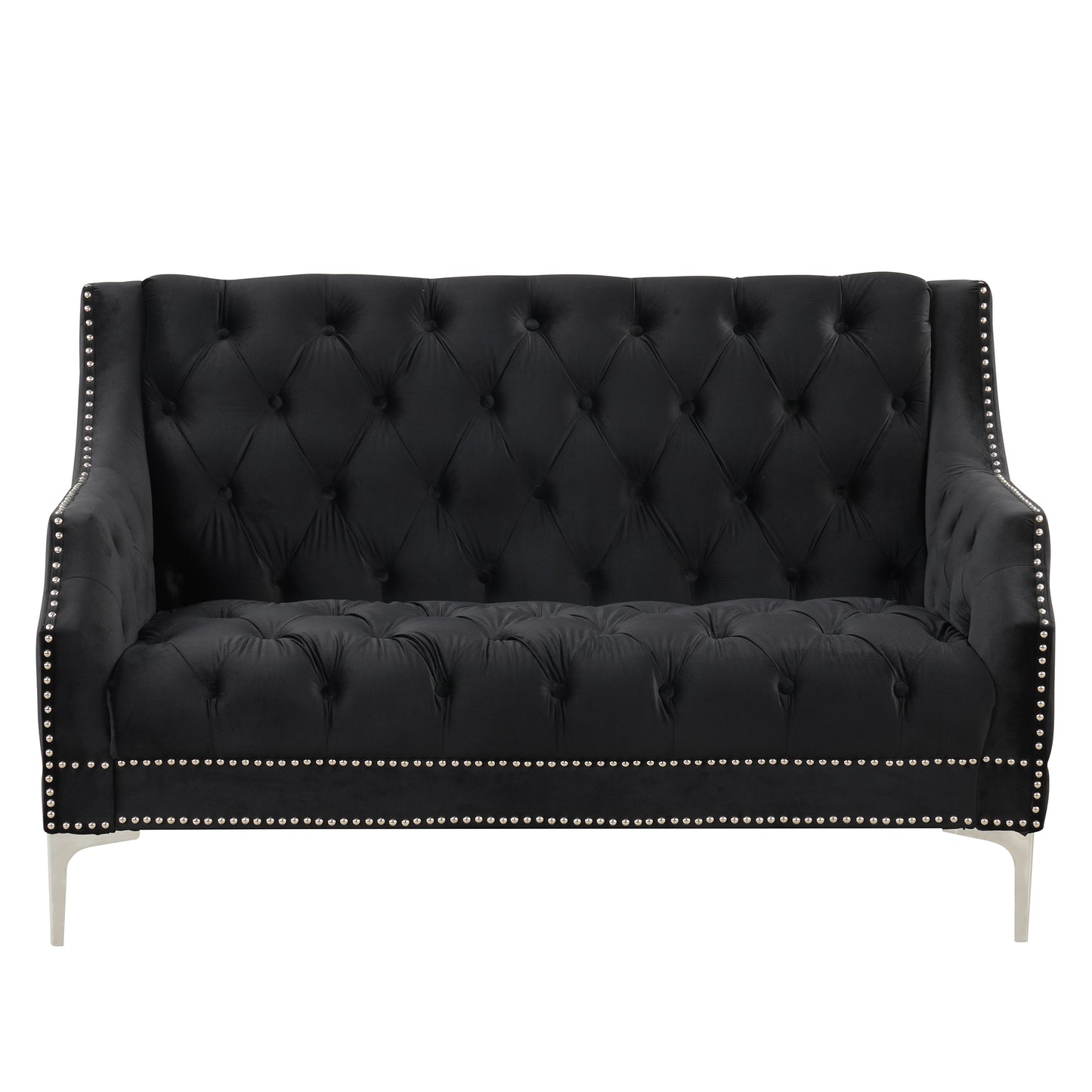 Button Tufted Modern Plush Upholstered Sofa with Metal Legs - Black, 55.5