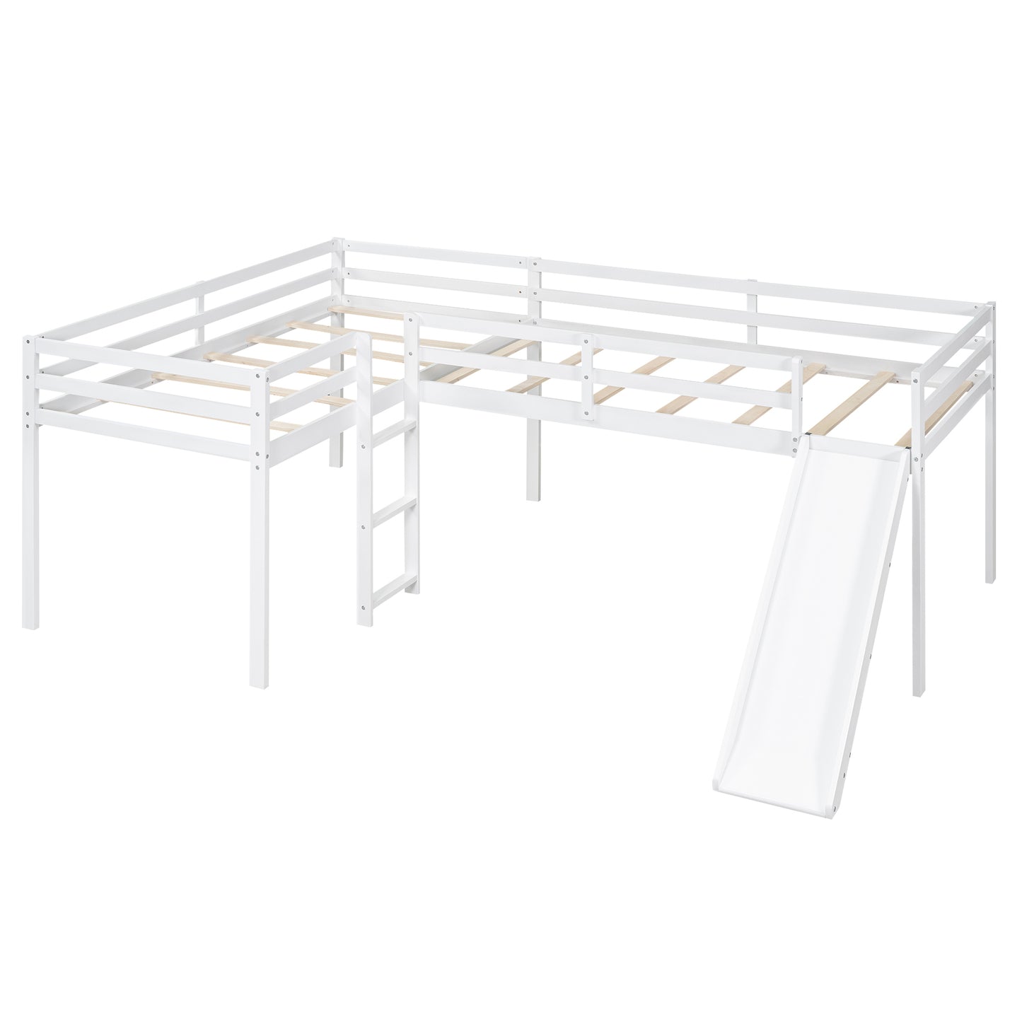 L-Shaped Twin Size Loft Bed with Ladder and Slide, White