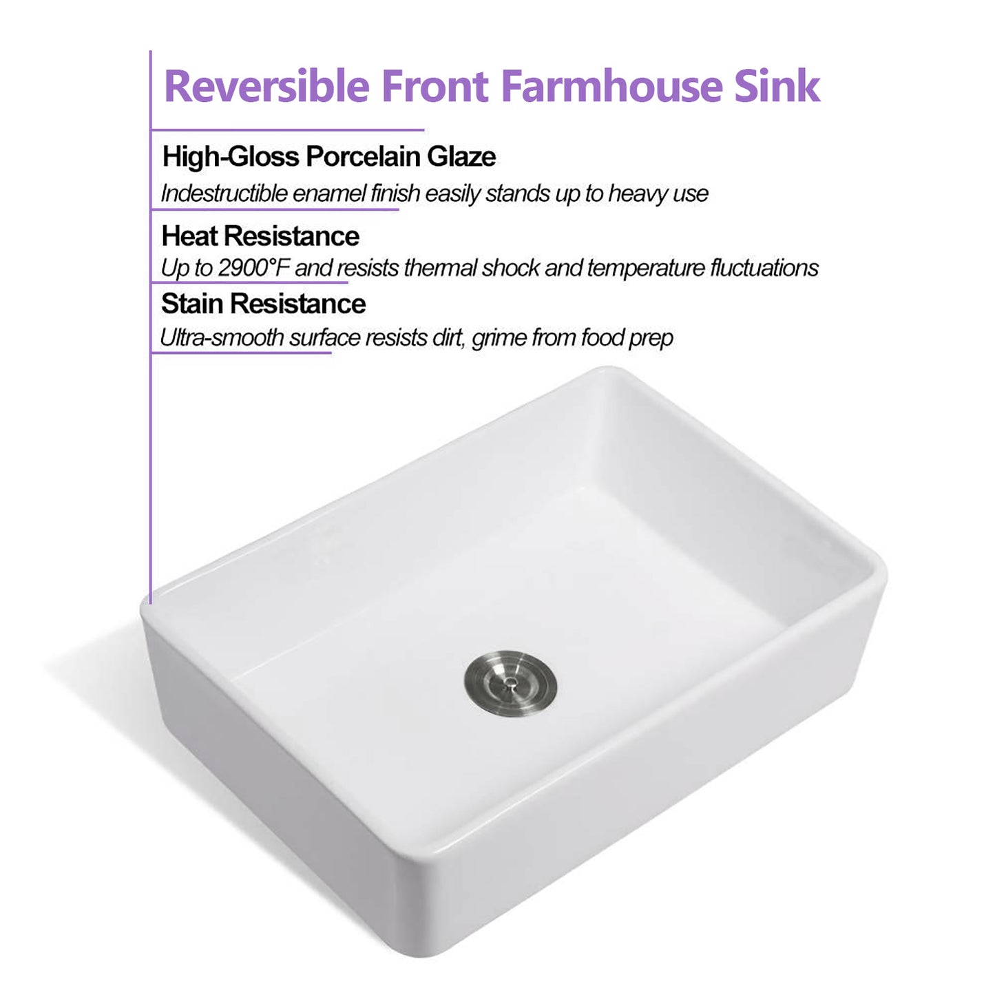 Ceramic Farmhouse Kitchen Sink with Basket Strainer, 33 L X 20 W Single Basin