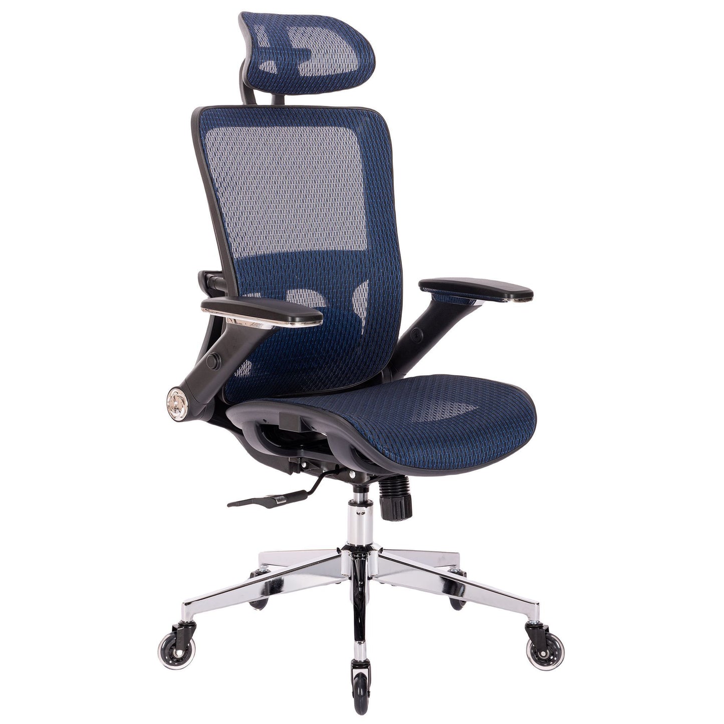 BLUE Ergonomic Mesh Office Chair, High Back - Adjustable Headrest with Flip-Up Arms, Tilt and lock Function, Lumbar Support and blade Wheels, KD chrome metal legs