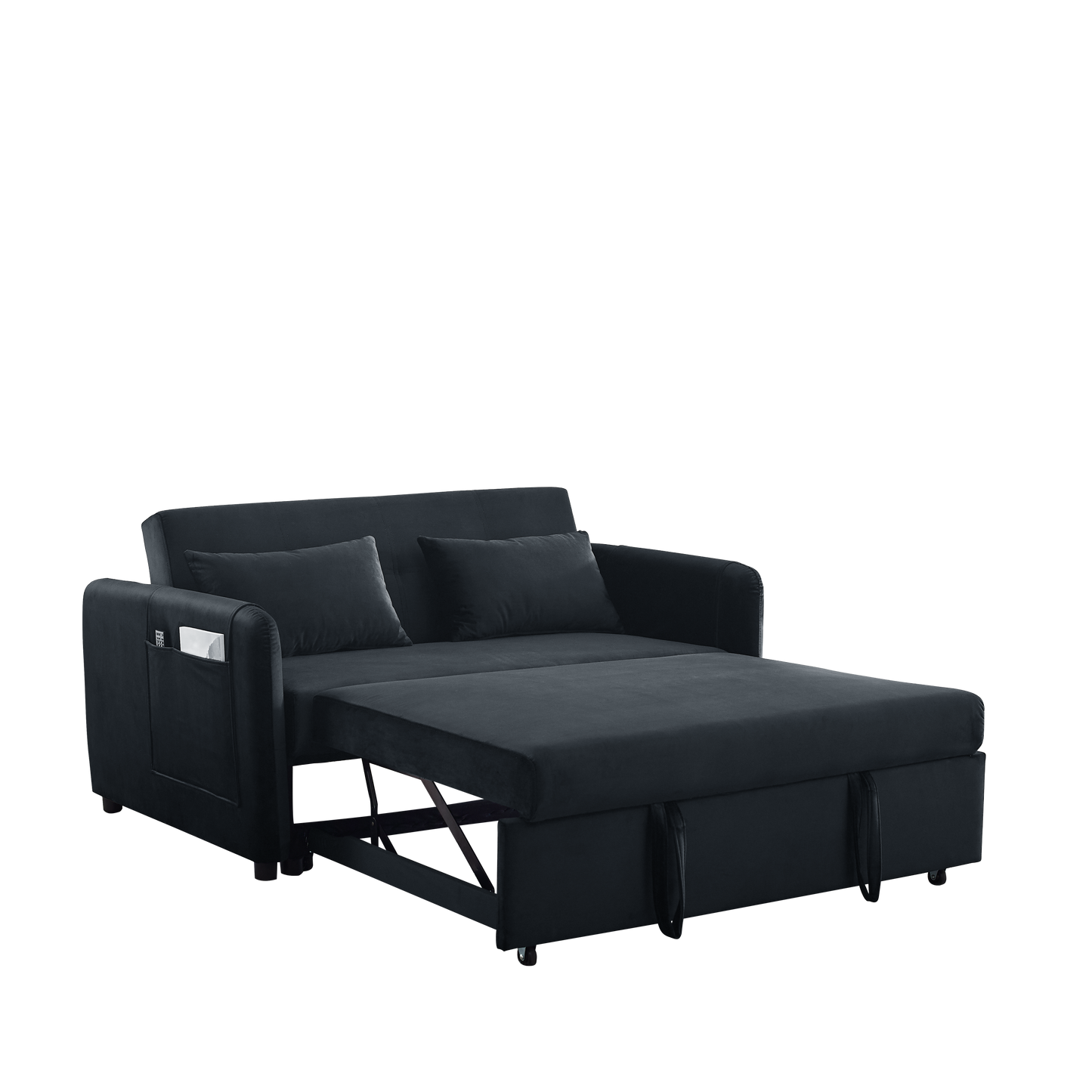 Convertible Sofa Bed, 3-in-1 Versatile Velvet Double Sofa with Pullout Bed, Seat with Adjustable Backrest, Lumbar Pillows, and Living Room Side Pockets, 54 Inch, Black