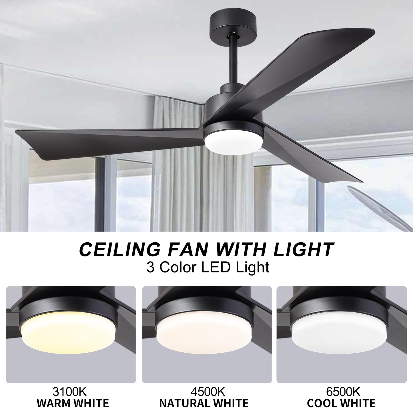 52 Black Ceiling Fan with Dimmable LED Light and Remote Control - Indoor/Outdoor