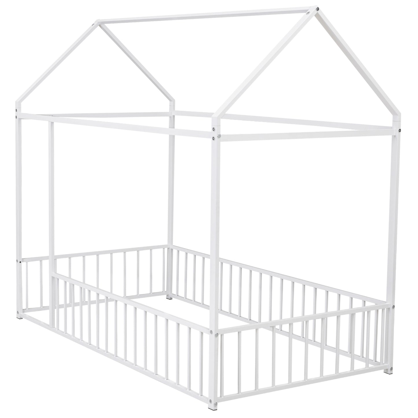 Twin Size Metal Bed House Bed Frame with Fence, for Kids, Teens, Girls, Boys, White