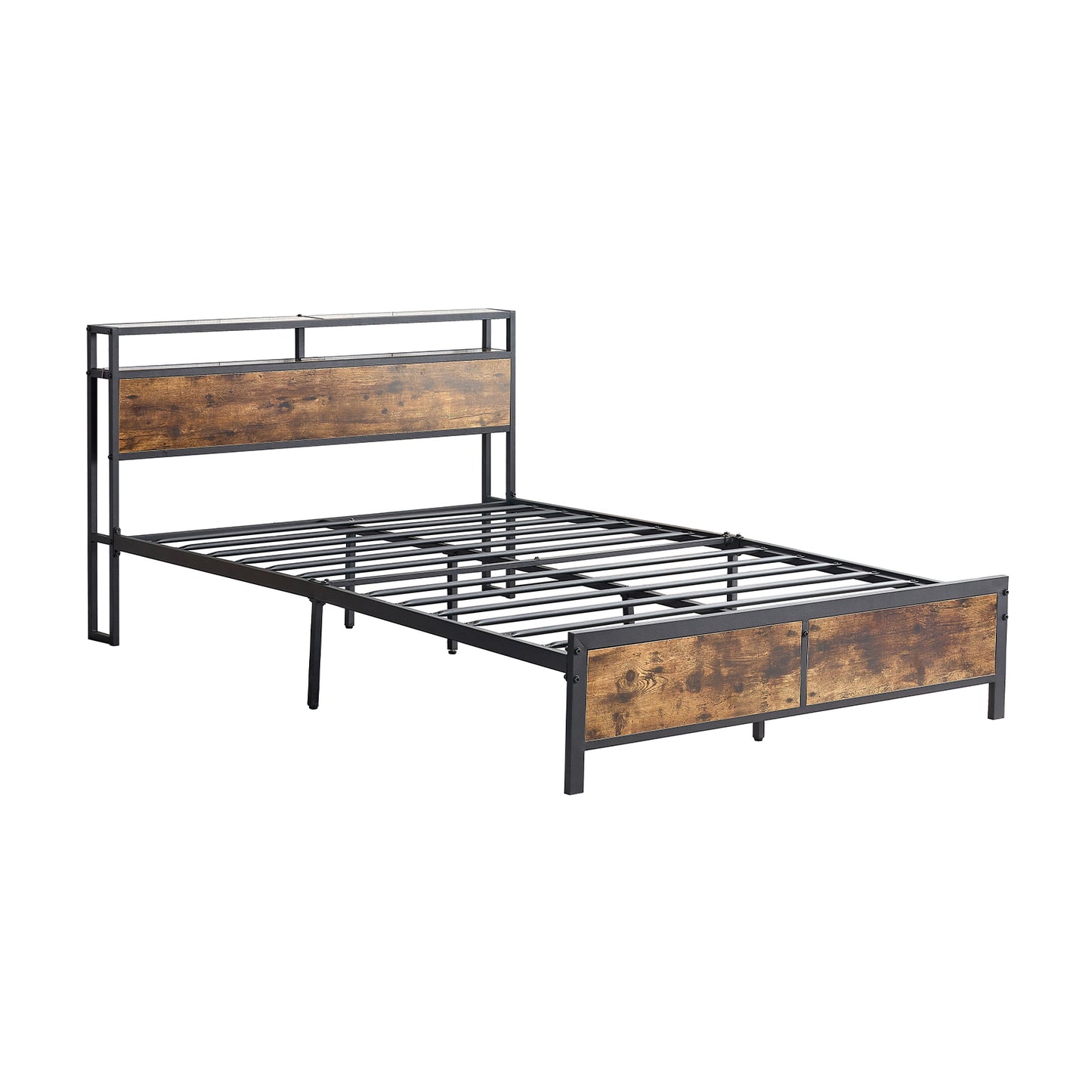 Industrial QUEEN Bed Frame with LED Lights and 2 USB Ports, Bed Frame Full Size with Storage, Noise Free, No Box Spring Needed, Rustic Brown