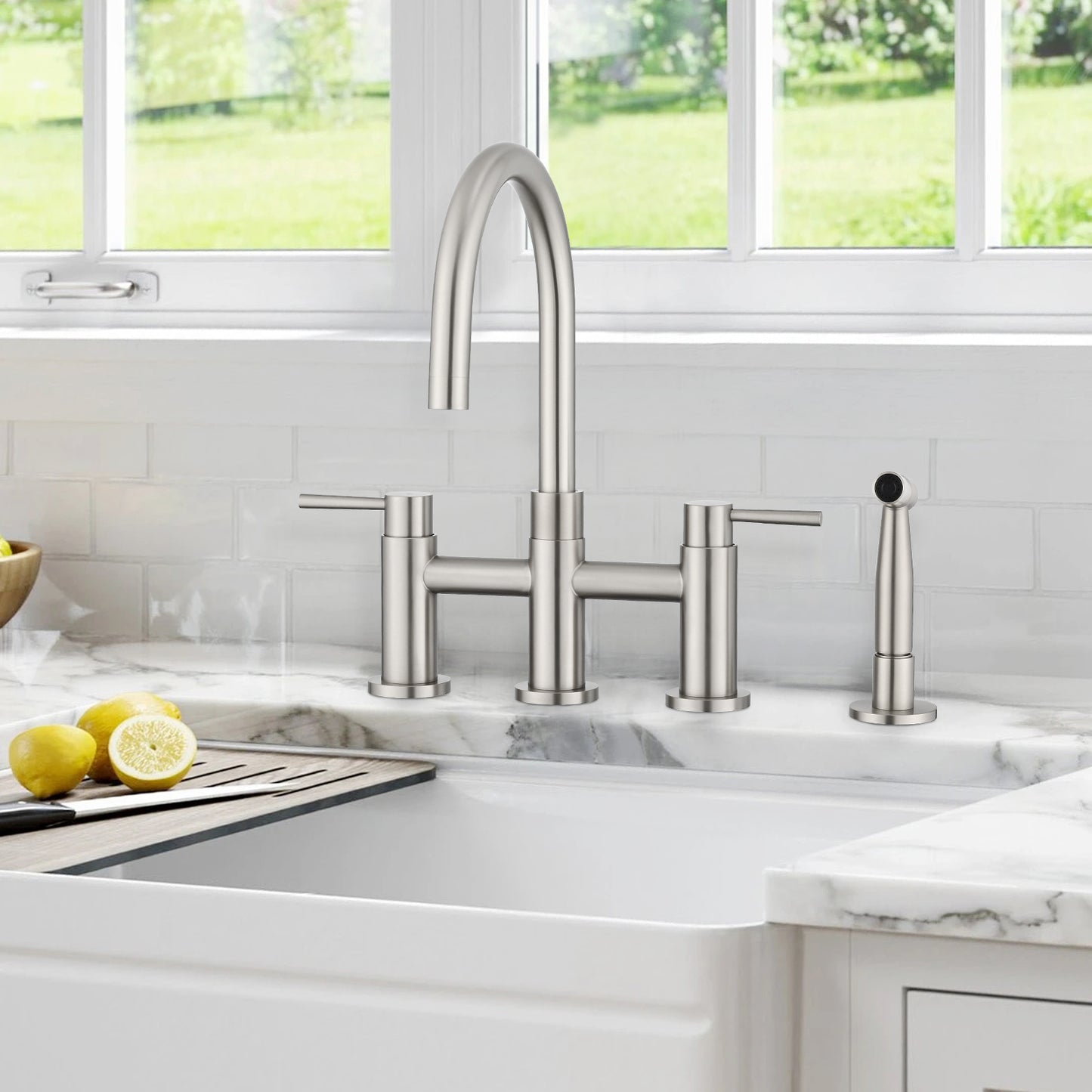 Double Handle Bridge Kitchen Faucet with Side Spray