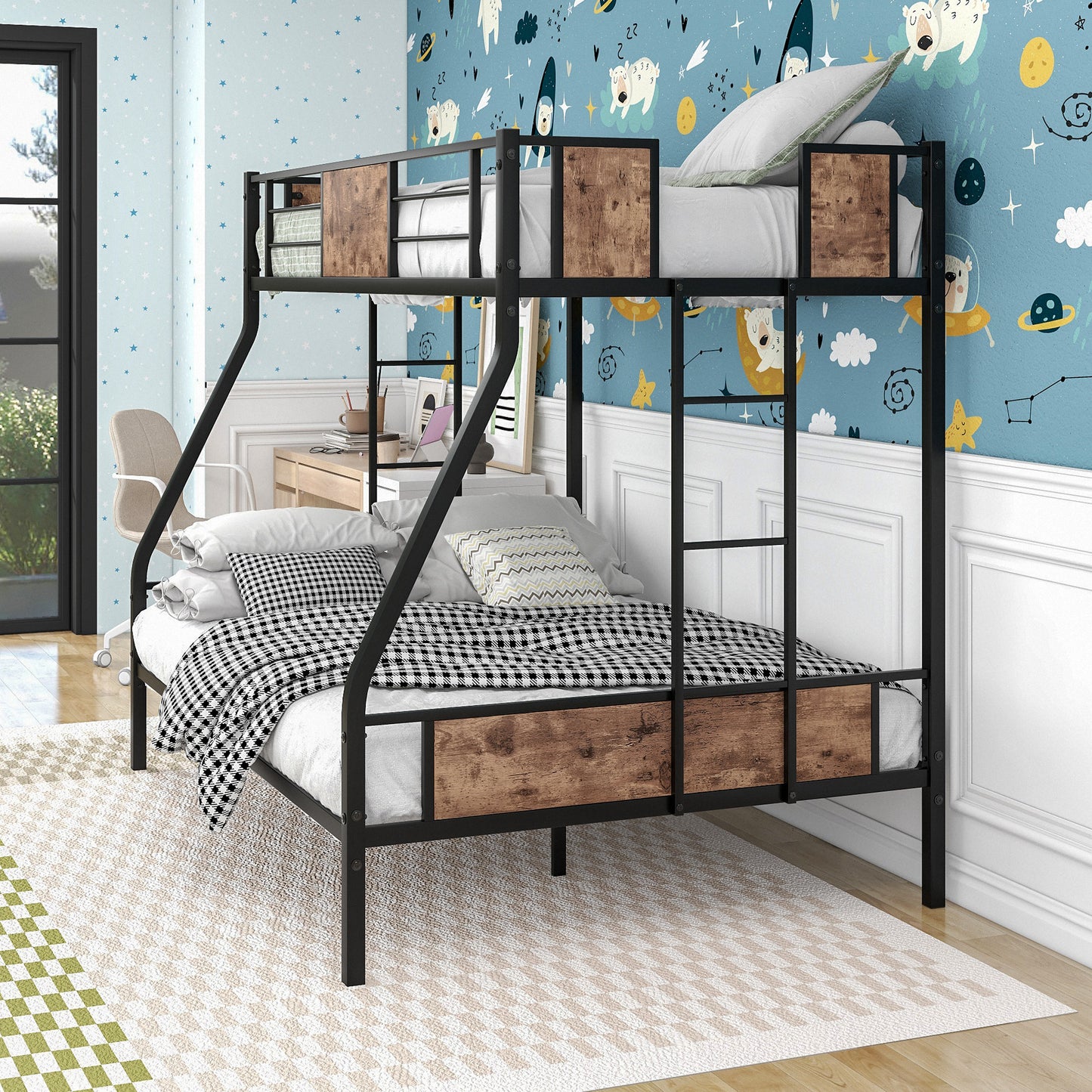 Sturdy Black Metal Bunk Bed with Brown Wood Panels