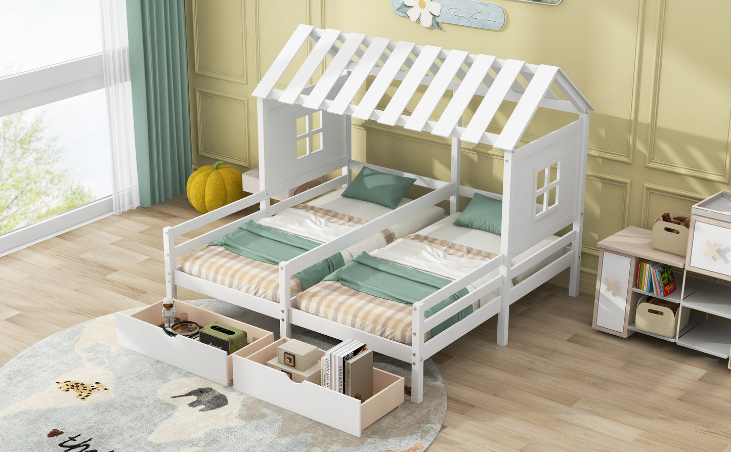 Twin Size House Platform Beds with Two Drawers for Boy and Girl Shared Beds, Combination of 2 Side by Side Twin Size Beds, White(: GX000927AAK)