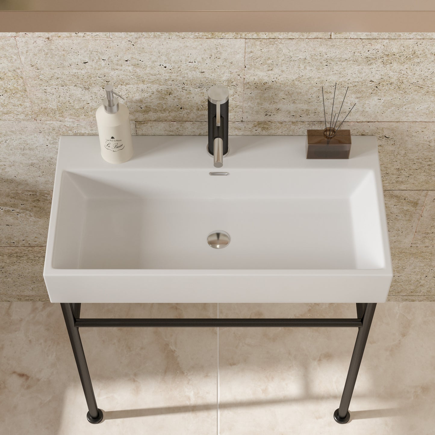 30" Bathroom Console Sink with Overflow,Ceramic Console Sink White Basin Black Legs