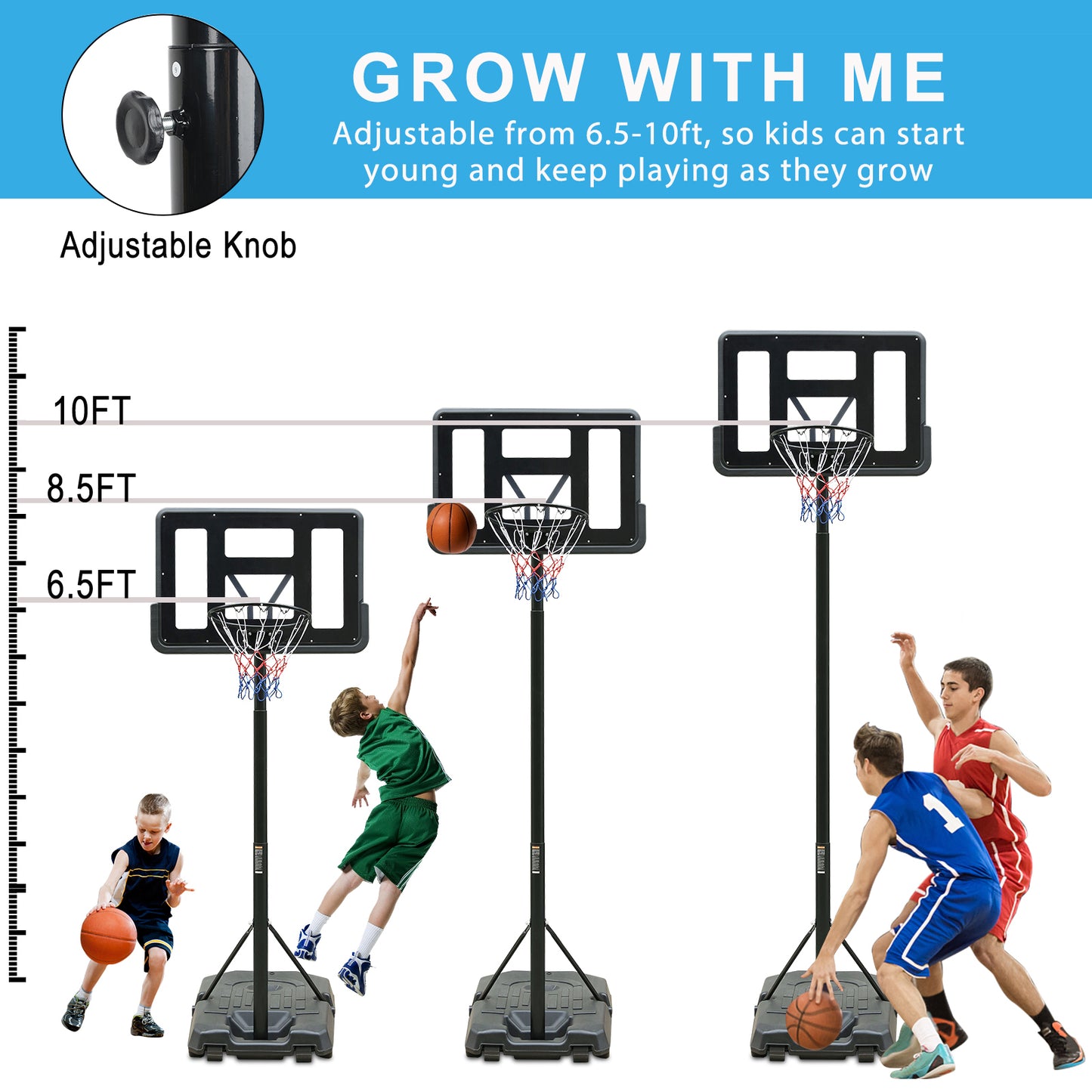 Portable Basketball Hoop Height Adjustable basketball hoop stand 6.6ft - 10ft with 44 Inch Backboard and Wheels for Adults Teens Outdoor Indoor