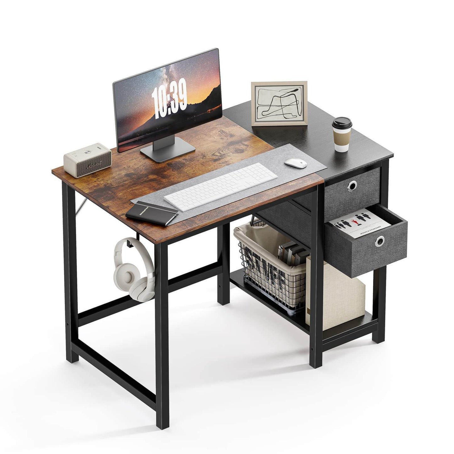 55-Inch Stylish Brown Office Desk with Ample Storage and Iron Hook