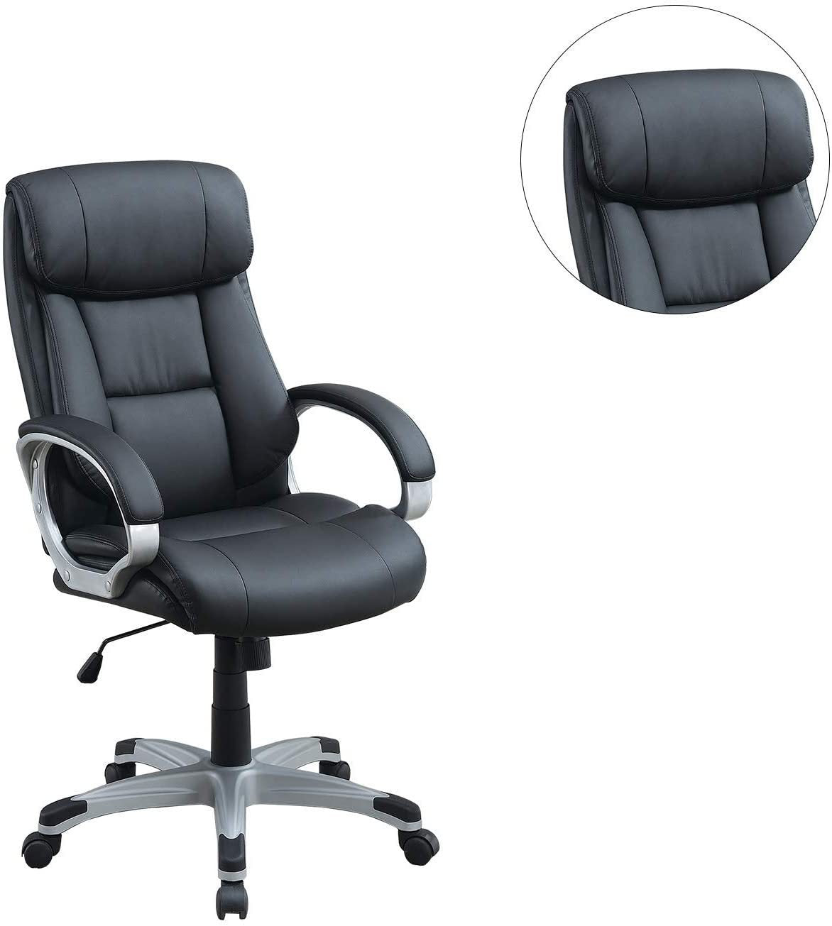 Classic 1pc Office Chair Black Color Cushioned Headrest Adjustable Work Silver Armrest