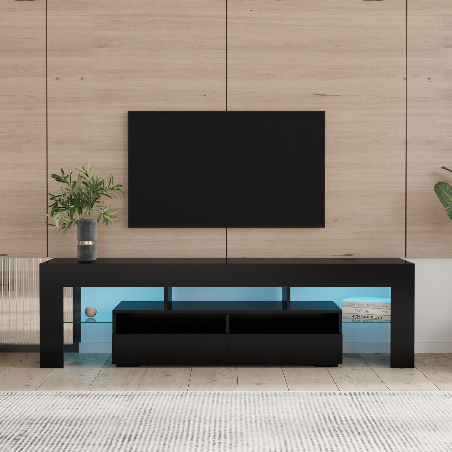 Modern Black TV Stand Cabinet with RGB LED Lights and Storage