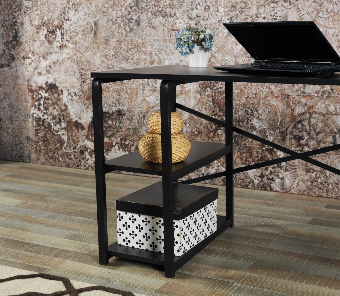 Sophisticated Black Home Office Desk with Storage Shelves and Wooden Top