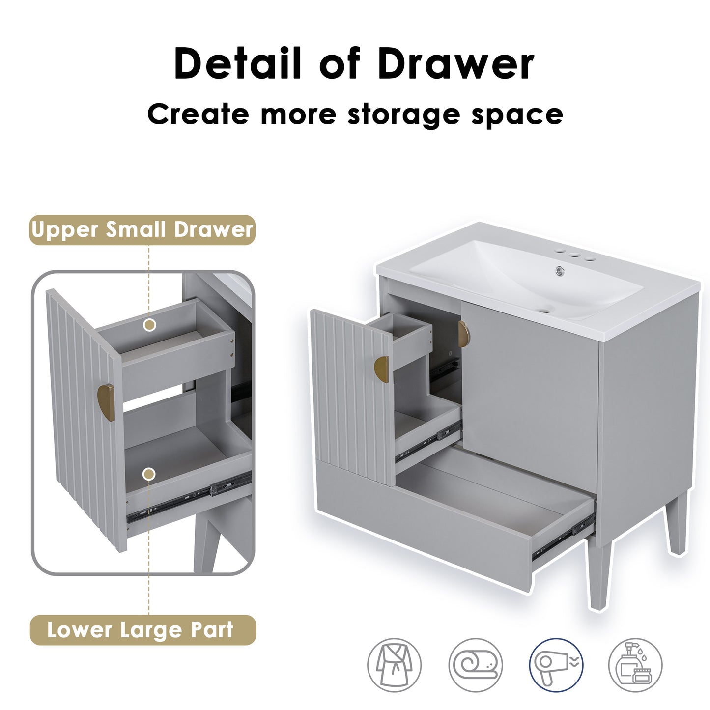 30" Bathroom Vanity with Sink Combo, Bathroom Cabinet with Door and Drawers, Solid Frame and MDF Board, Grey