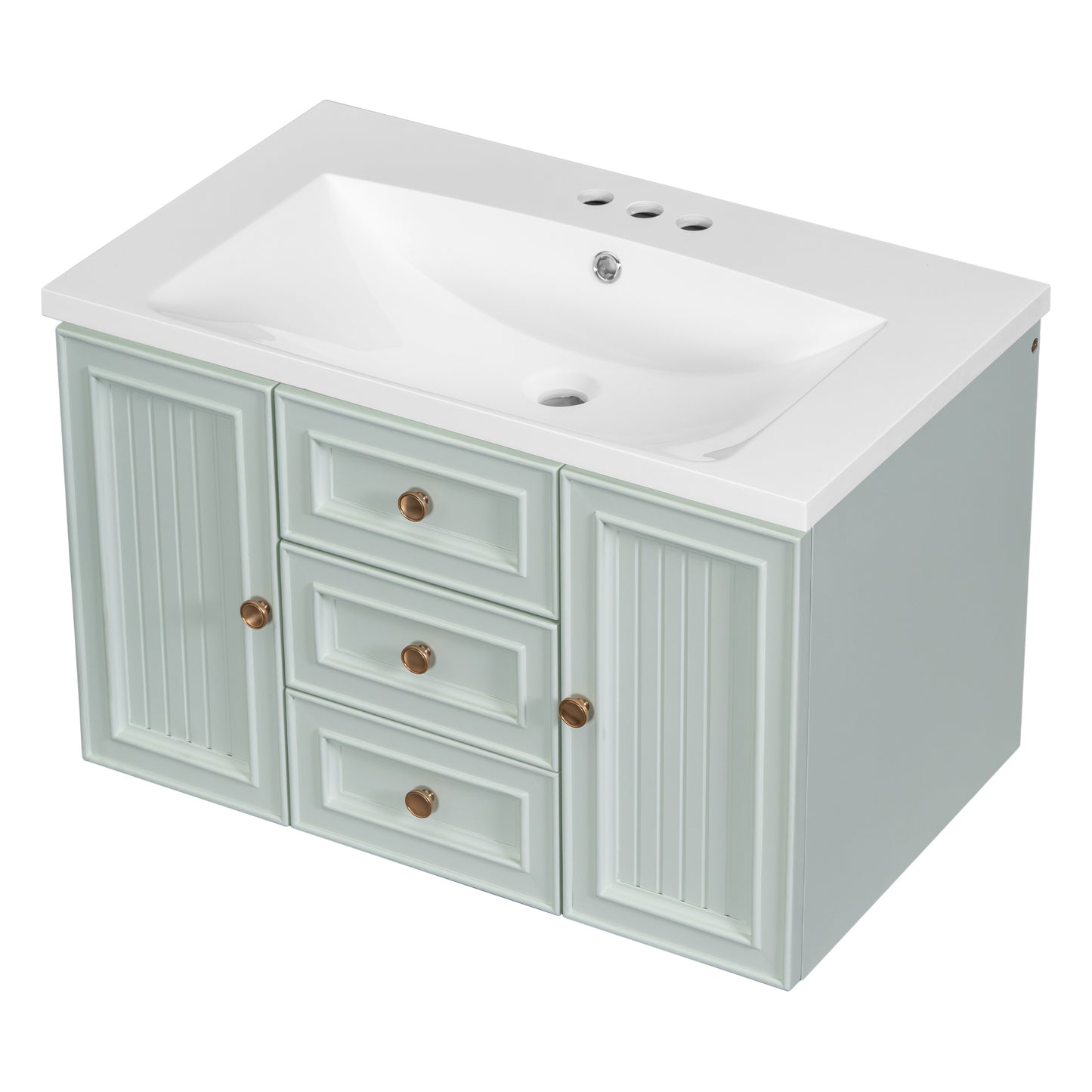 30" Wall Mounted Bathroom Vanity with Sink Combo, Functional Drawer, Solid Wood & MDF Board & Ceramic, Green