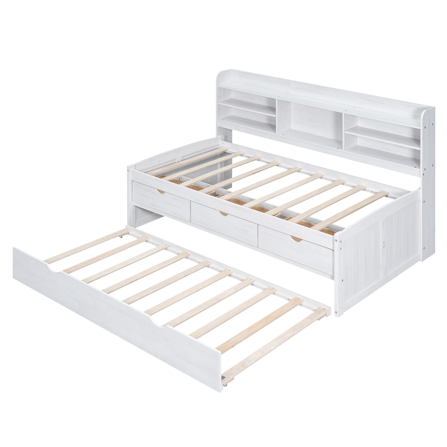 Twin Size Wooden Captain Bed with Built-in Bookshelves,Three Storage Drawers and Trundle, White Wash