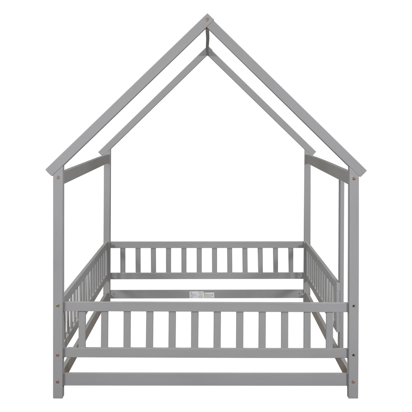 Full Size Floor Wooden Bed with House Roof Frame, Fence Guardrails ,Grey