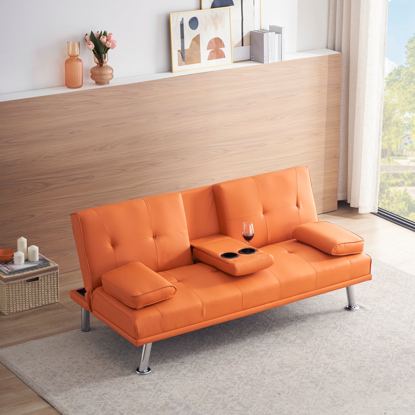 67 Orange Leather Multifunctional Double Folding Sofa Bed with Built-In Coffee Table