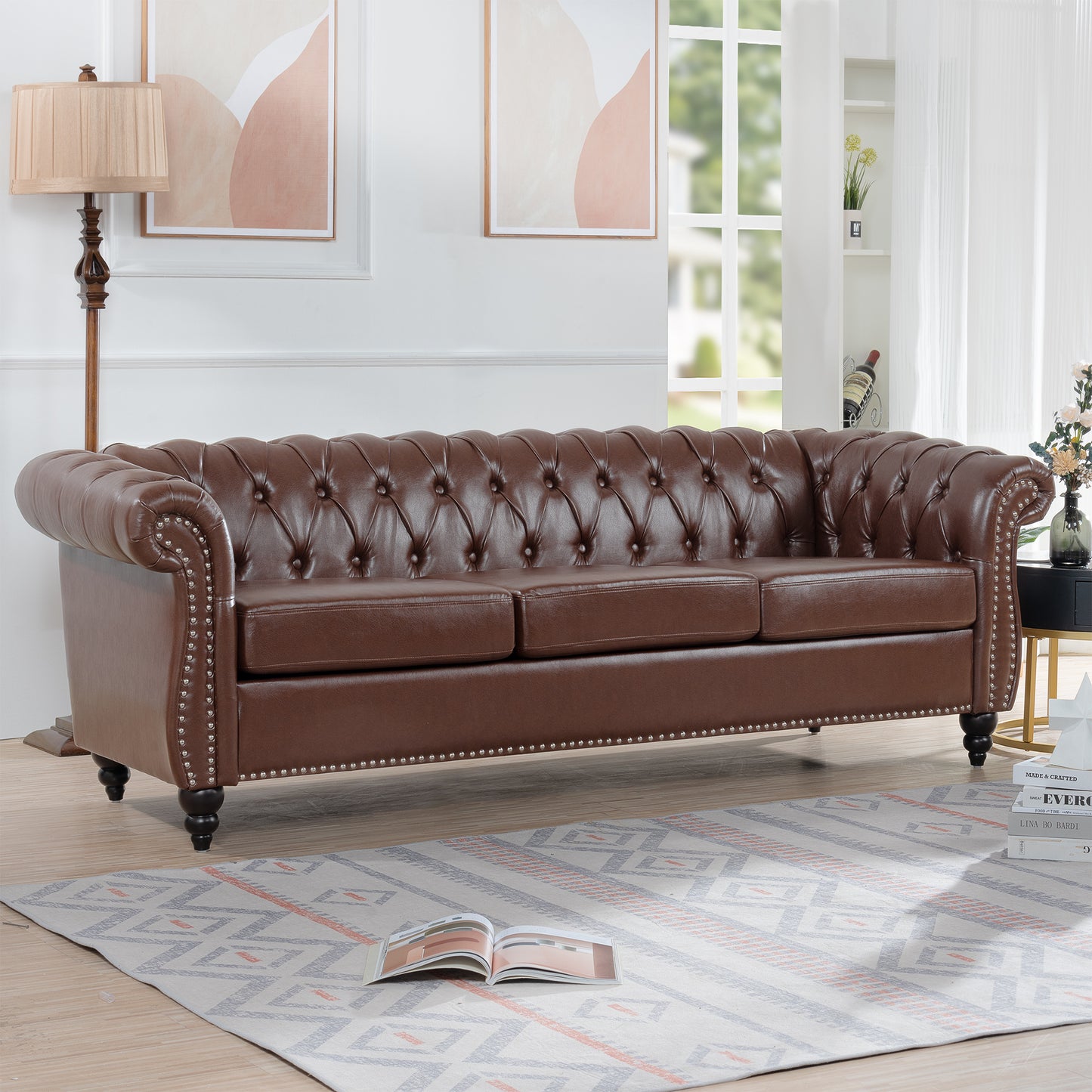 Elegant Dark Brown 84.65 PU Leather Chesterfield Three Seater Sofa with Rolled Arms